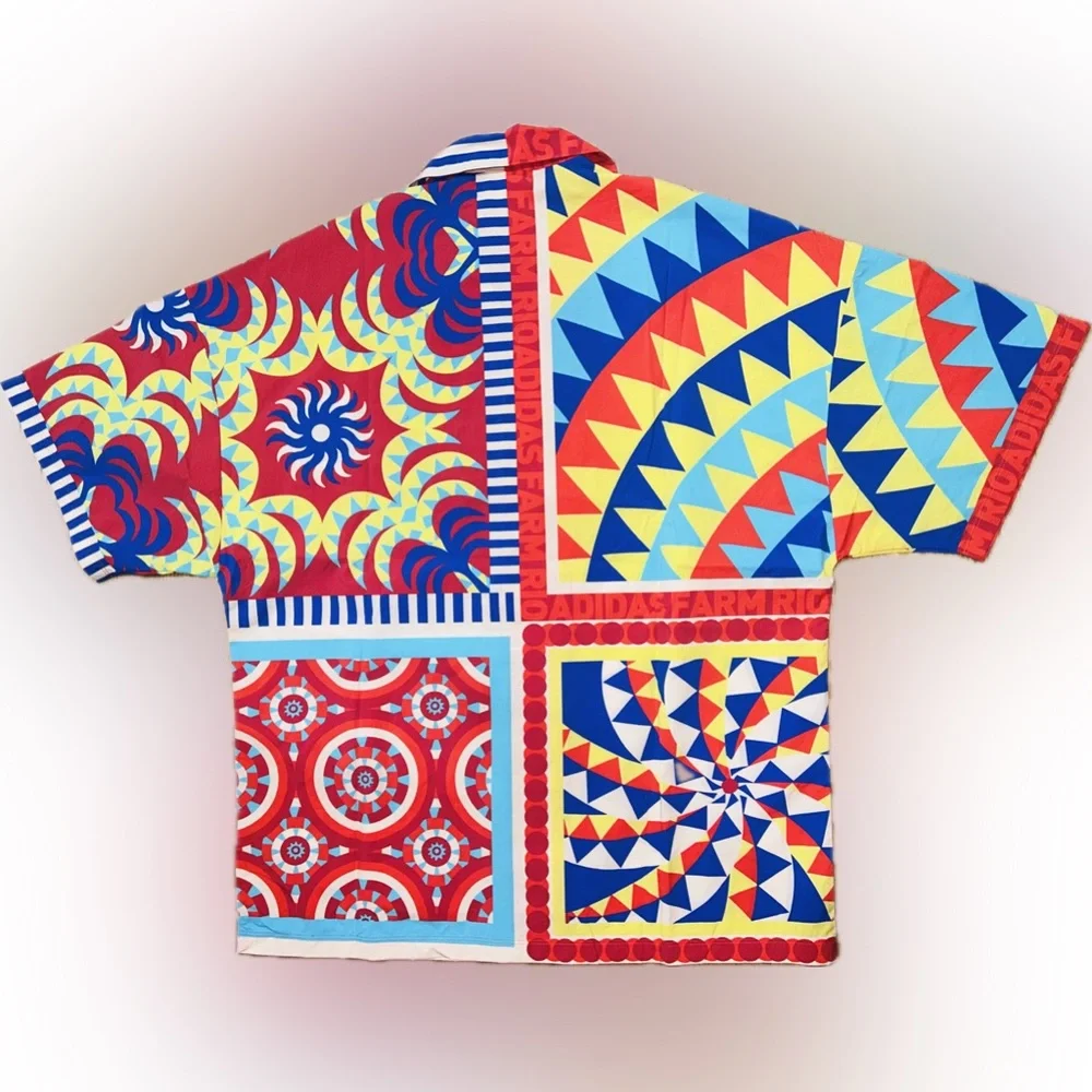 NWT Farm Rio/Adidas collab SZ S/M red/blue/yellow button front collared shirt. - Picture 7 of 10